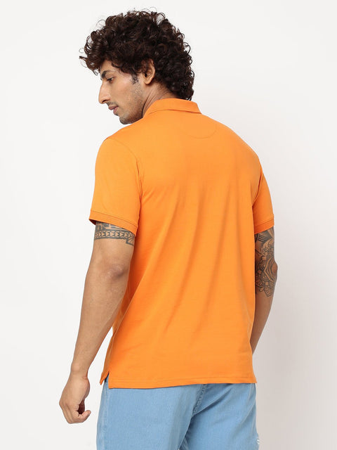 Orange Printed Polo Collar T-shirt - T-Shirt - 230300246