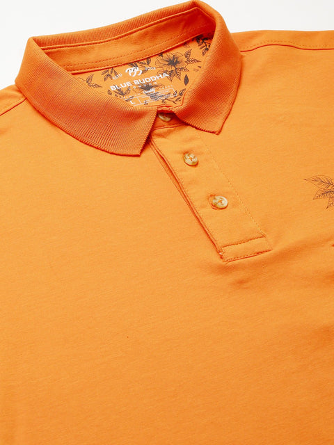 Orange Printed Polo Collar T-shirt - T-Shirt - 230300246