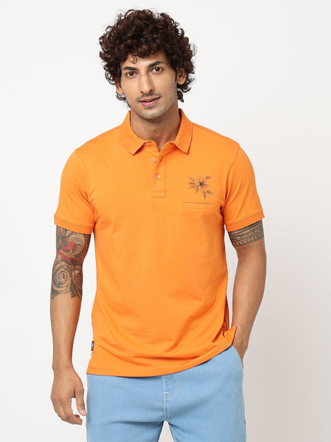 Orange Printed Polo Collar T-shirt - T-Shirt - 230300246