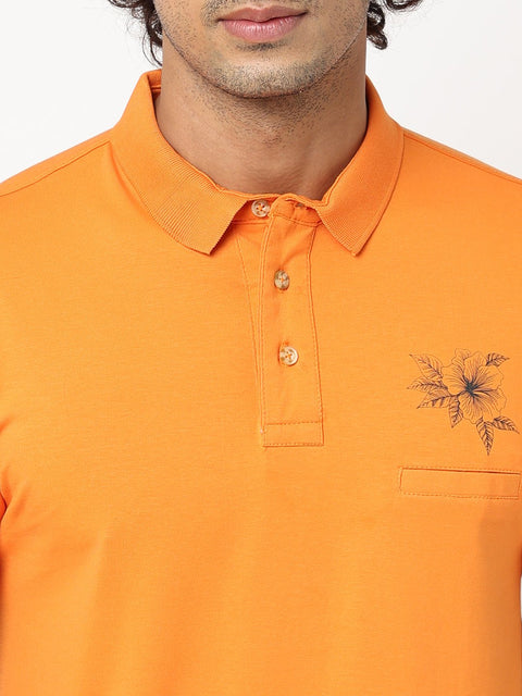 Orange Printed Polo Collar T-shirt - T-Shirt - 230300246