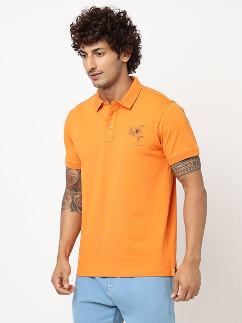 Orange Printed Polo Collar T-shirt - T-Shirt - 230300246