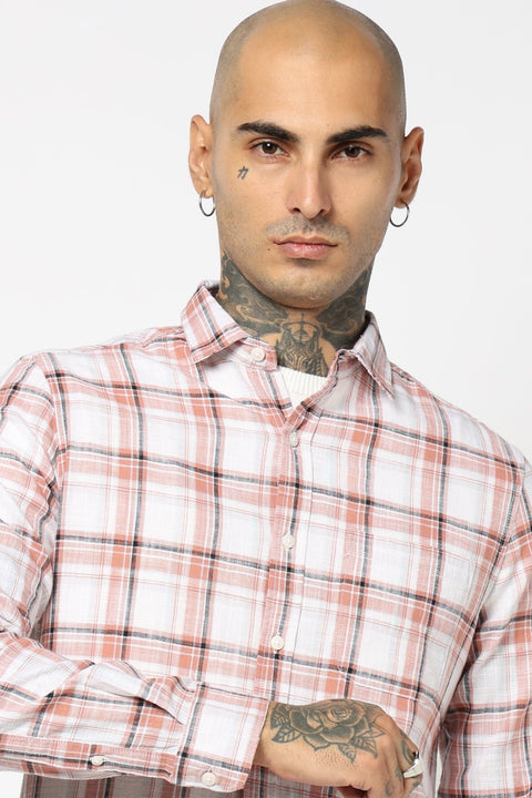 PEACH CHECKERED COTTON SLUB SHIRT-Shirt - 250731772