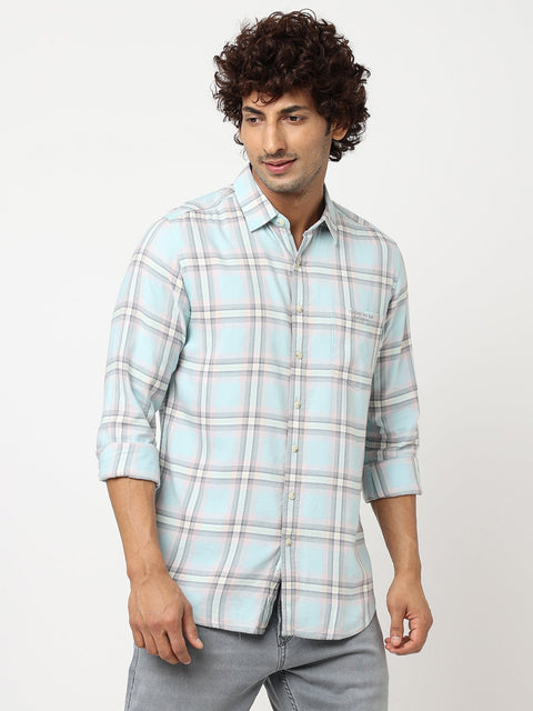 Teal Blue Checks Cotton Shirt - Shirt - 230625127