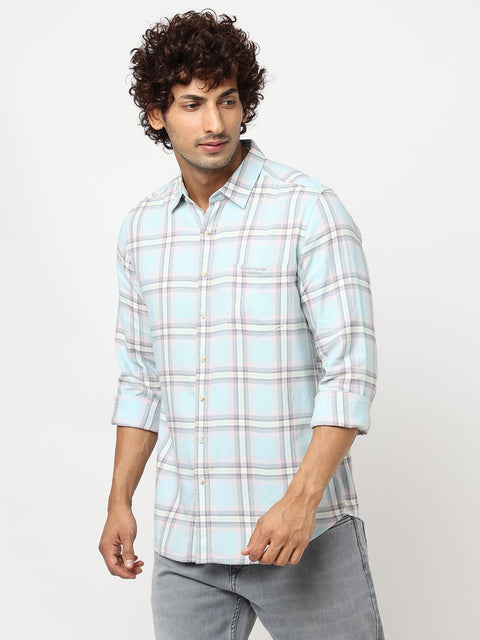 Teal Blue Checks Cotton Shirt - Shirt - 230625127
