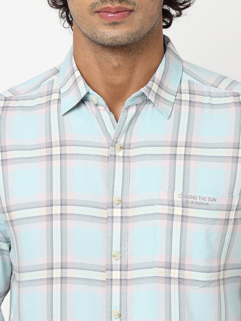 Teal Blue Checks Cotton Shirt - Shirt - 230625127