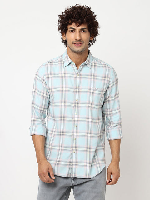 Teal Blue Checks Cotton Shirt - Shirt - 230625127