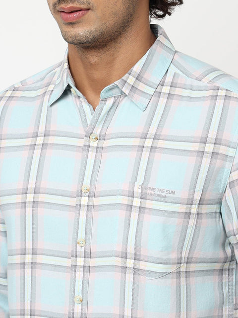 Teal Blue Checks Cotton Shirt - Shirt - 230625127