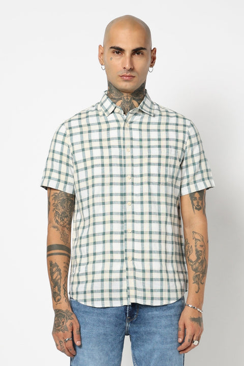 TEAL CHECKERED HALF SLEEVE LINEN BLEND SHIRT-Shirt - 250431128