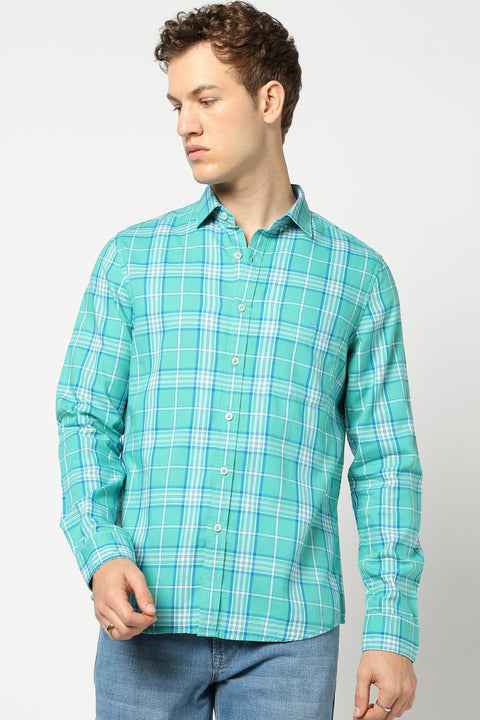 Turquoise Checkered Tailored Fit Shirt - Shirts - 241230303