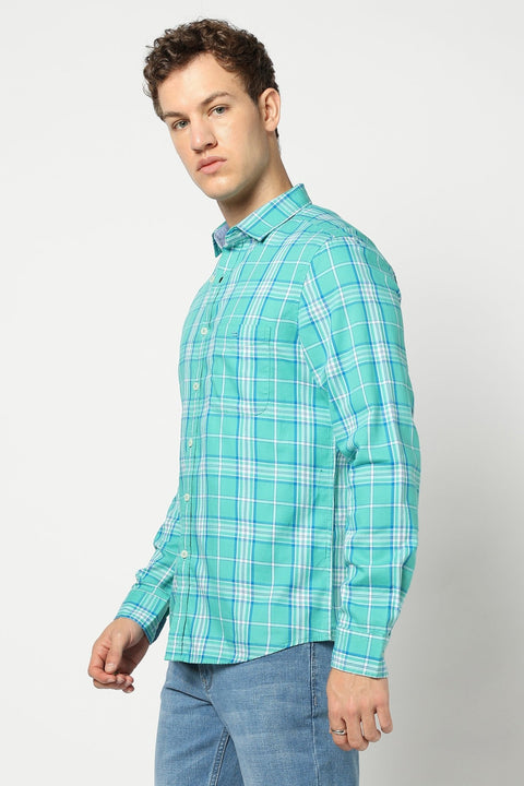 Turquoise Checkered Tailored Fit Shirt - Shirts - 241230303