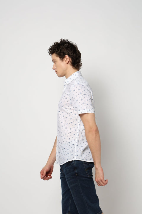 White Floral Print Half Sleeve Shirt - Shirt - 240828632