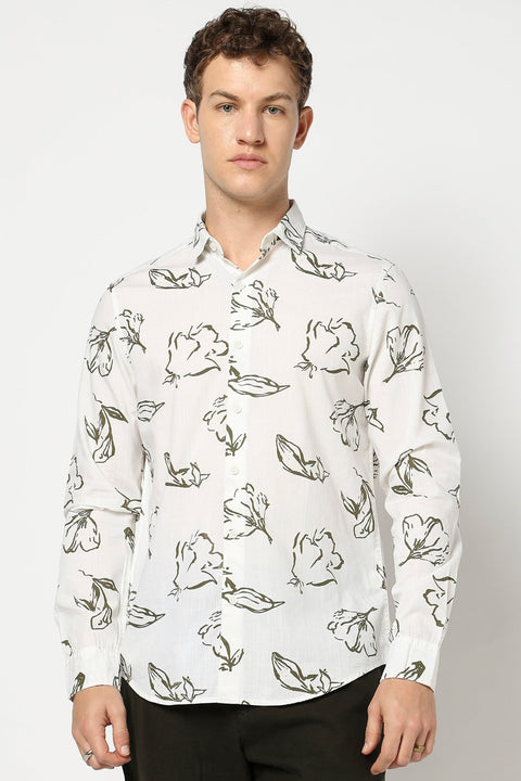 White Floral Printed Full Sleeve Shirt - Shirts - 250331053