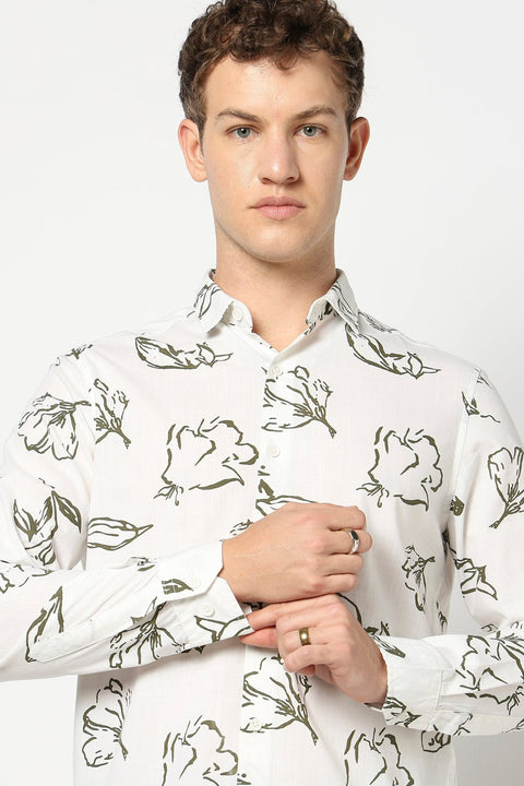 White Floral Printed Full Sleeve Shirt - Shirts - 250331053