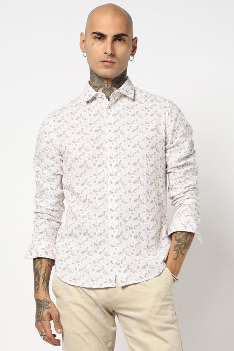 WHITE FLORAL PRINTED TAILORED FIT SHIRT-Shirt - 250531408