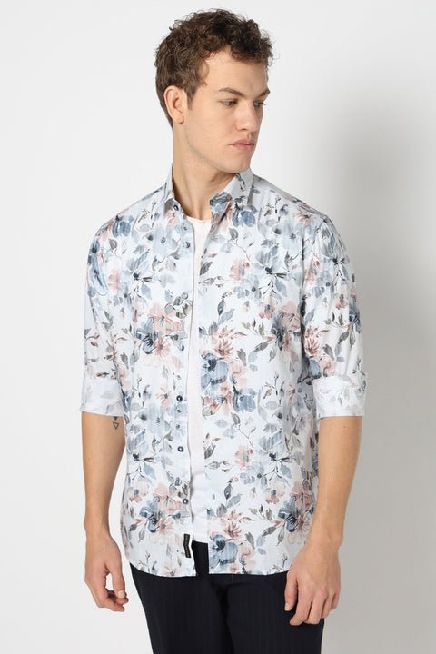 White Floral Satin Shirt - Shirts - 241230152