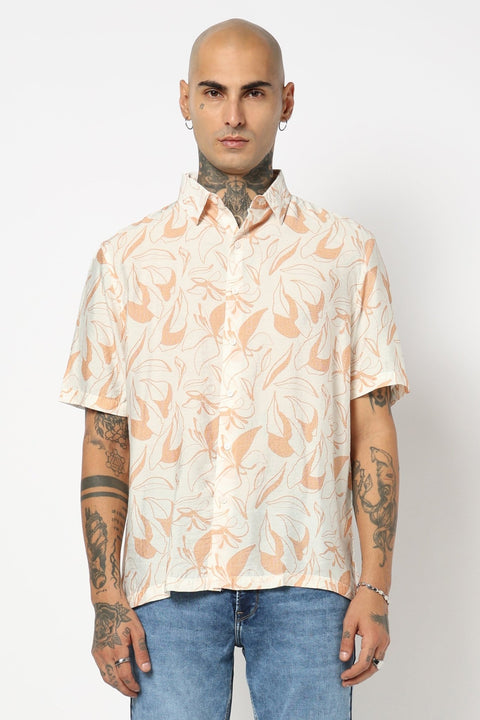 WHITE PRINTED HALF SLEEVE RELAXED FIT SHIRT-Shirts - 250531383