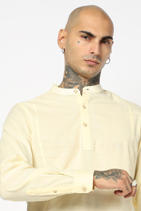 Cream Solid Cotton Shirt Kurta