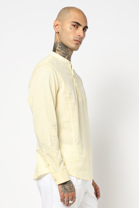 Cream Solid Cotton Shirt Kurta
