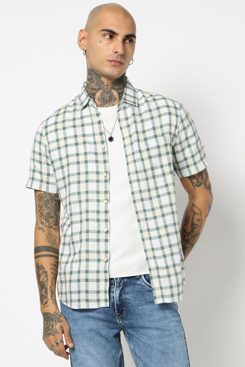 TEAL CHECKERED HALF SLEEVE LINEN BLEND SHIRT