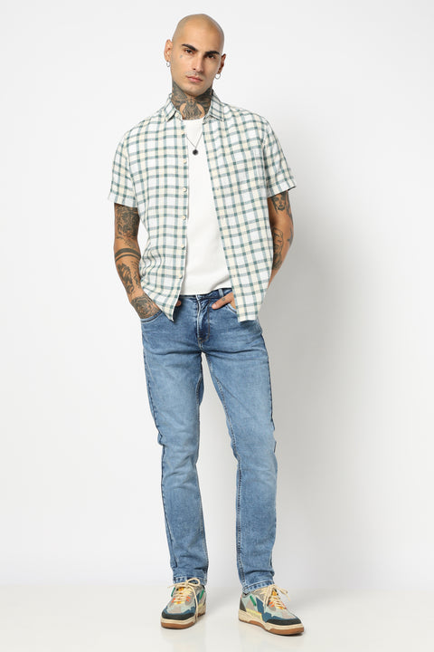 TEAL CHECKERED HALF SLEEVE LINEN BLEND SHIRT