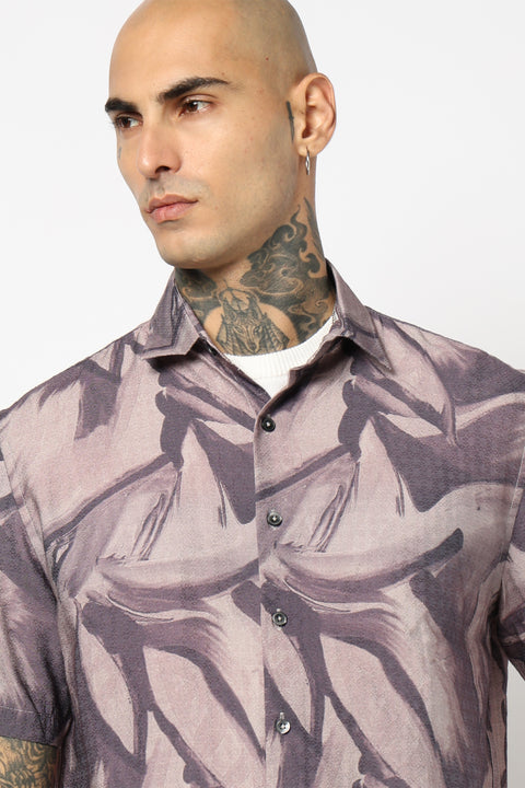 GREY TROPICAL LEAF PRINTED HALF SLEEVE SHIRT