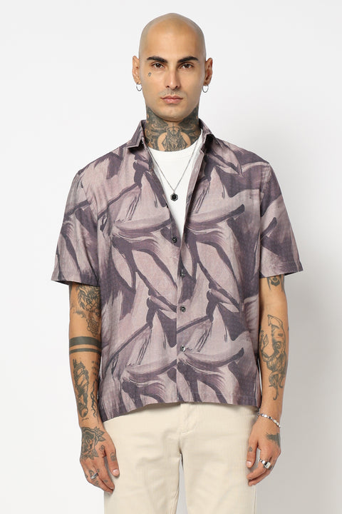GREY TROPICAL LEAF PRINTED HALF SLEEVE SHIRT