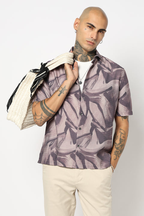 GREY TROPICAL LEAF PRINTED HALF SLEEVE SHIRT
