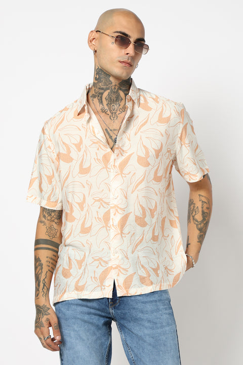 WHITE PRINTED HALF SLEEVE RELAXED FIT SHIRT