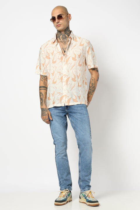 WHITE PRINTED HALF SLEEVE RELAXED FIT SHIRT