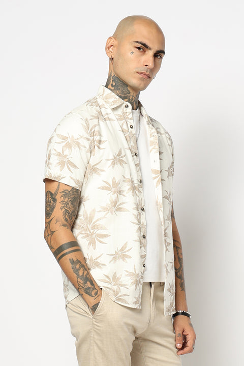 BROWN LEAF PRINTED HALF SLEEVE SHIRT
