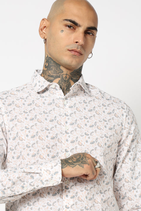WHITE FLORAL PRINTED TAILORED FIT SHIRT