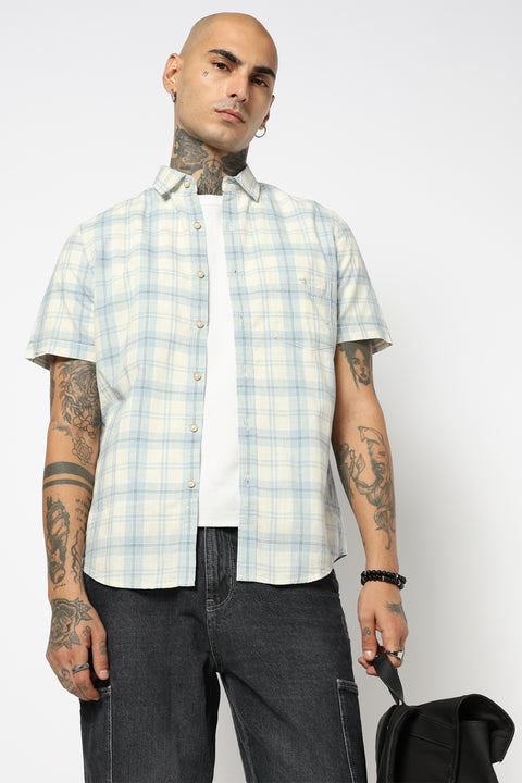 BLUE CHECKERED HALF SLEEVE COTTON SLUB SHIRT