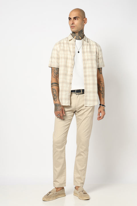 BEIGE CHECKERED HALF SLEEVE COTTON SLUB SHIRT