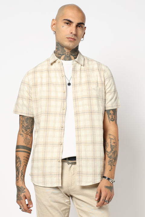 BEIGE CHECKERED HALF SLEEVE COTTON SLUB SHIRT