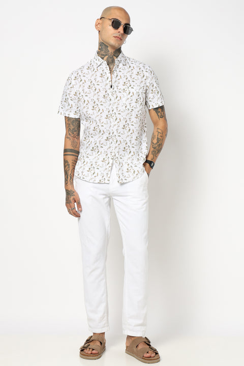 BEIGE LEAF PRINTED HALF SLEEVE SHIRT