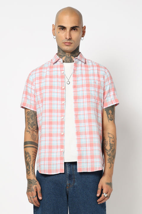 LIGHT PINK CHECKERED HALF SLEEVE SHIRT