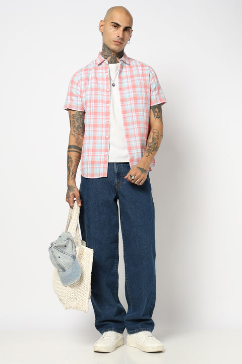 LIGHT PINK CHECKERED HALF SLEEVE SHIRT