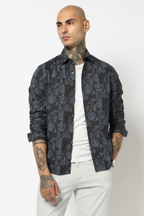 NAVY ALL OVER PRINTED COTTON SHIRT