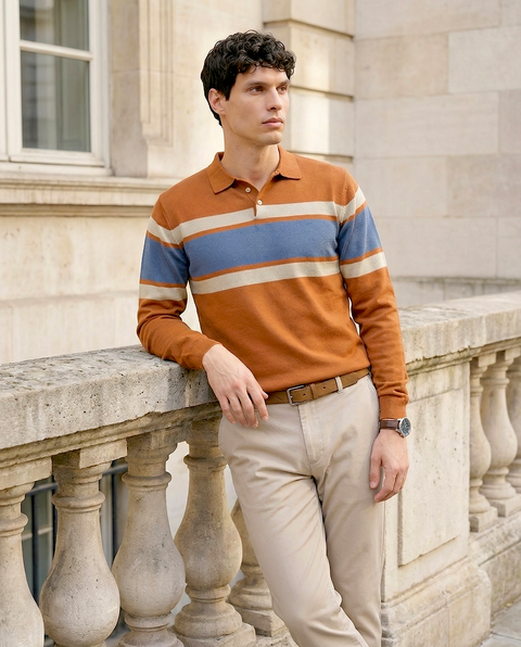 RUST KNITTED STRIPED POLO-TSHIRT