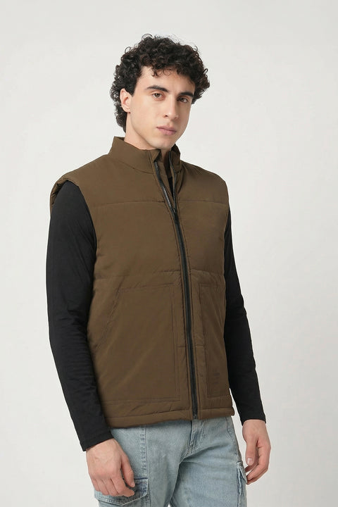 BROWN PUFFER CARGO POCKET JACKETS