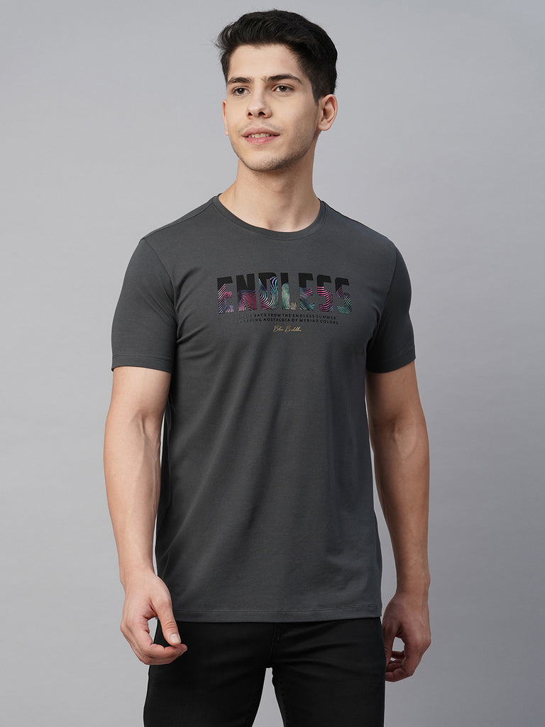 Grey Round Neck Printed T-Shirt