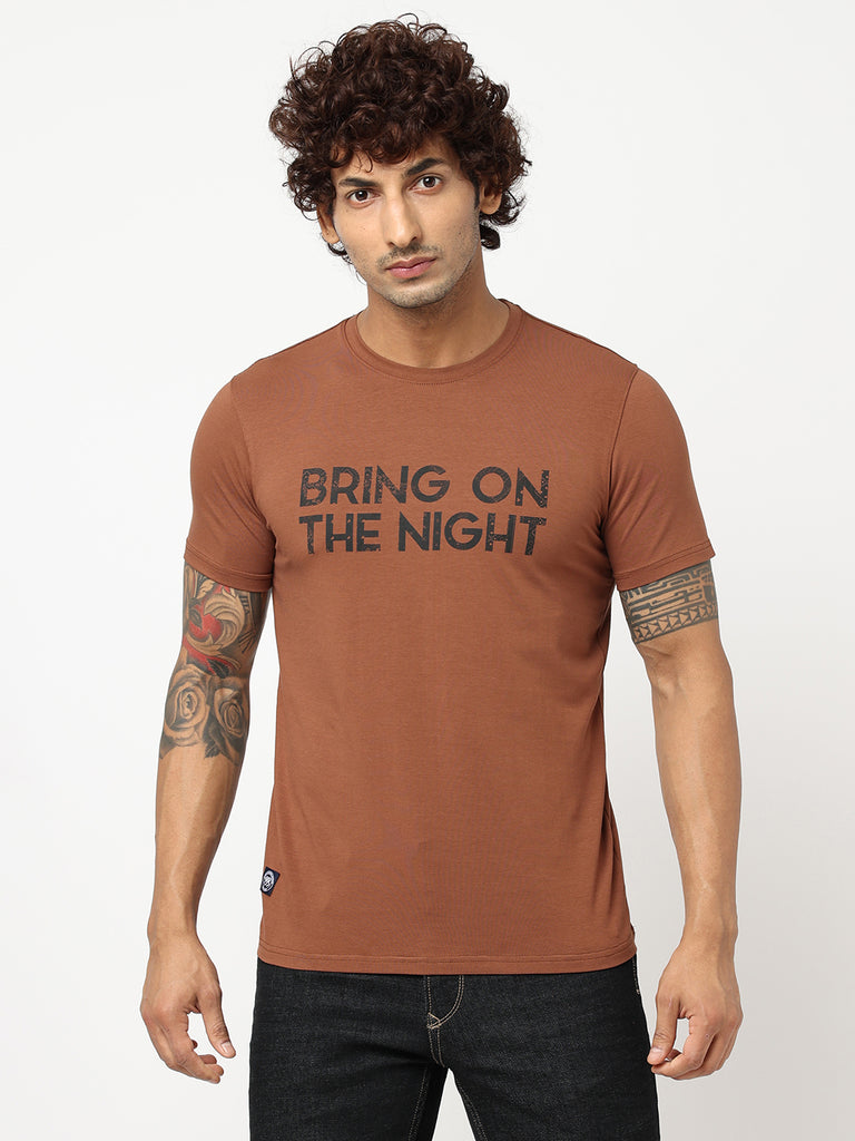 Brown Printed Cotton T-shirt