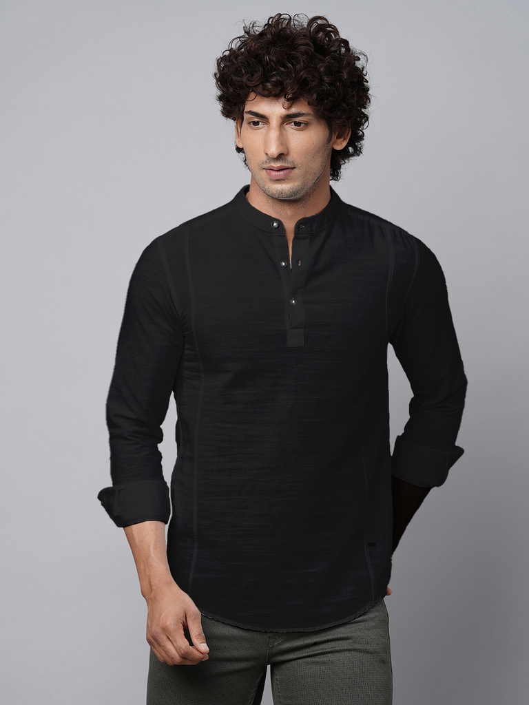 Black Solid Cotton Shirt Kurta
