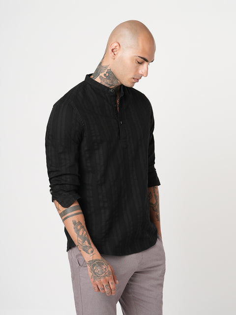 BLACK STRIPED DOBBY KURTA