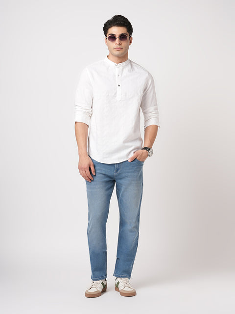 WHITE STRIPED MANDARIN COLLAR KURTA