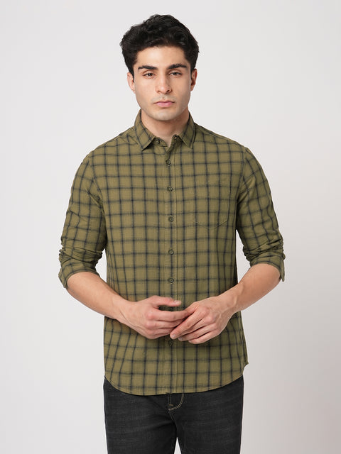 KHAKHI CHECKERED TAILORED FIT COTTON SHIRT