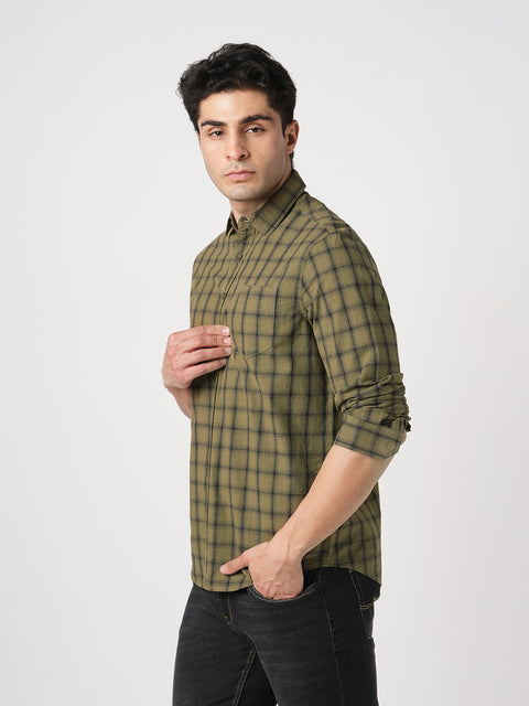 KHAKHI CHECKERED TAILORED FIT COTTON SHIRT