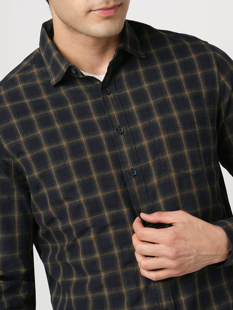NAVY CHECKERED TAILORED FIT COTTON SHIRT