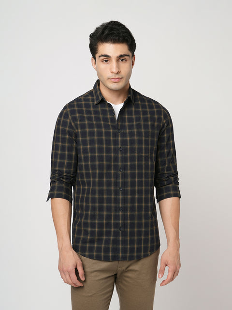 NAVY CHECKERED TAILORED FIT COTTON SHIRT