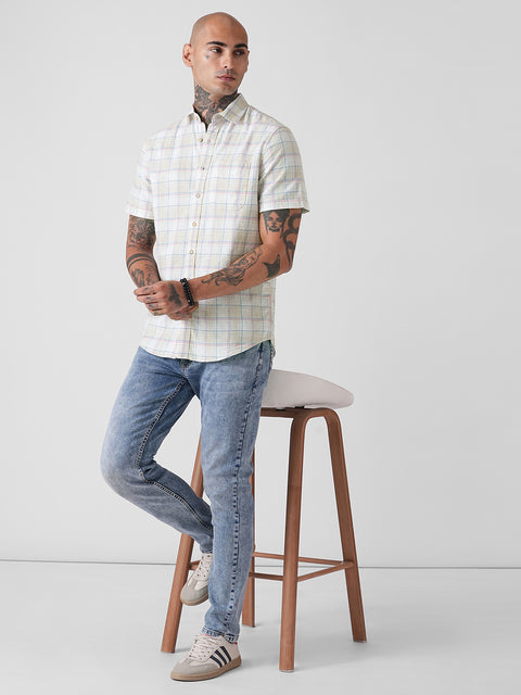 CHECKERED SLUB TAILORED HALF SLEEVE SHIRT